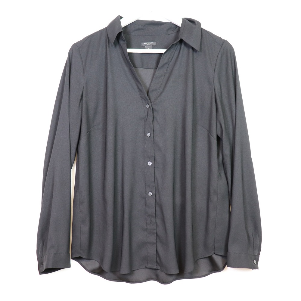 ANN TAYLOR Black Long Sleeve Button Down V-Neck Blouse LP - Picture 1 of 6